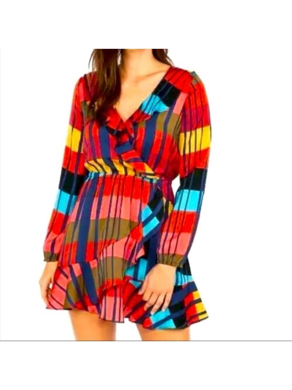 Express Color block elastic waist ruffle wrap style Dress Sz S